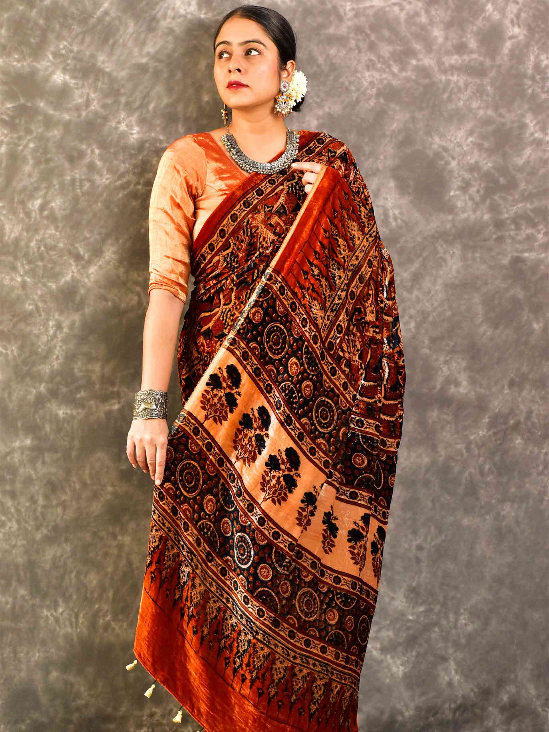 Suman - Ajrakh Silk Velvet Saree