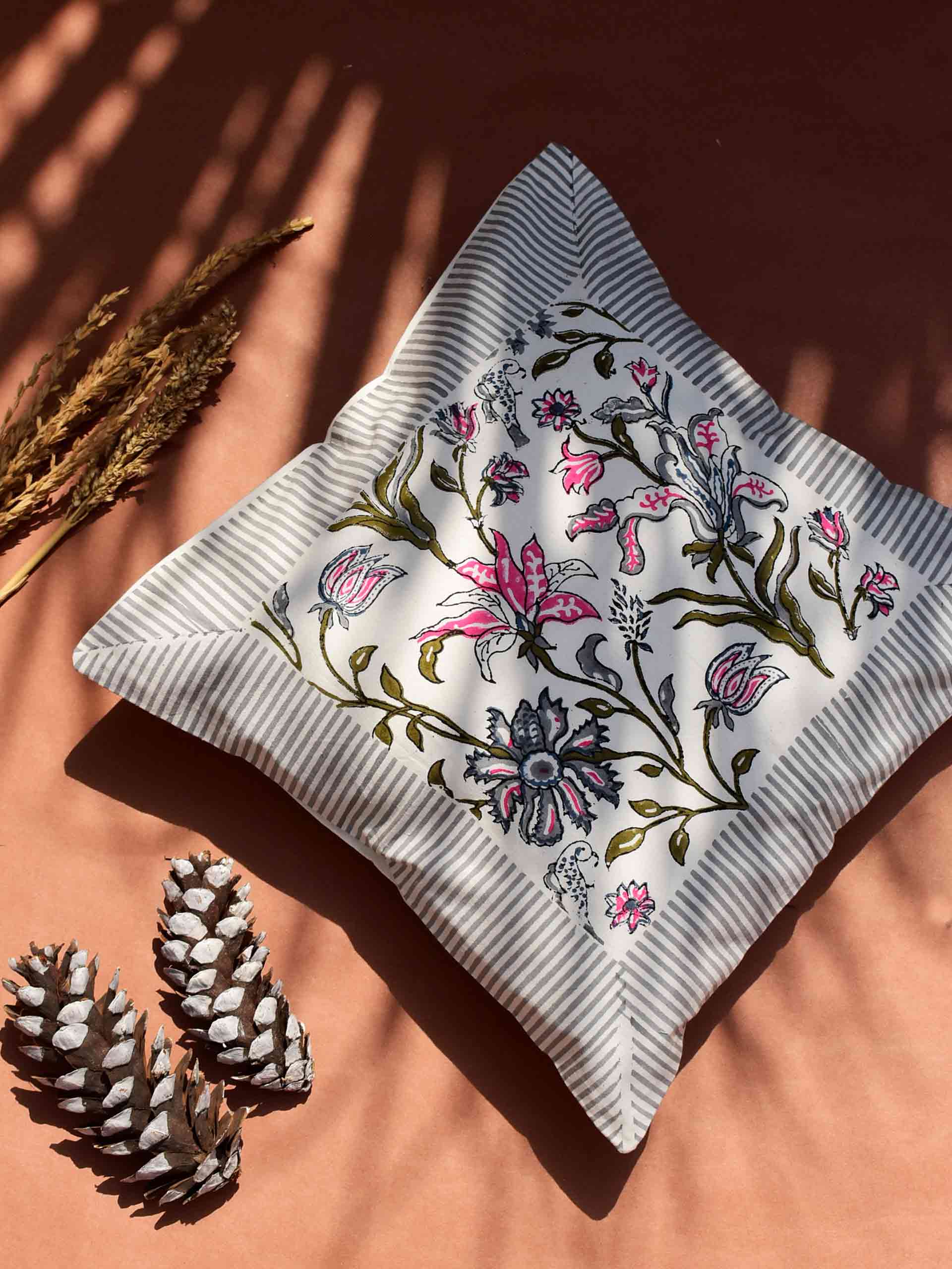 Coastal - Hand block printed cotton cushion cover 16X16