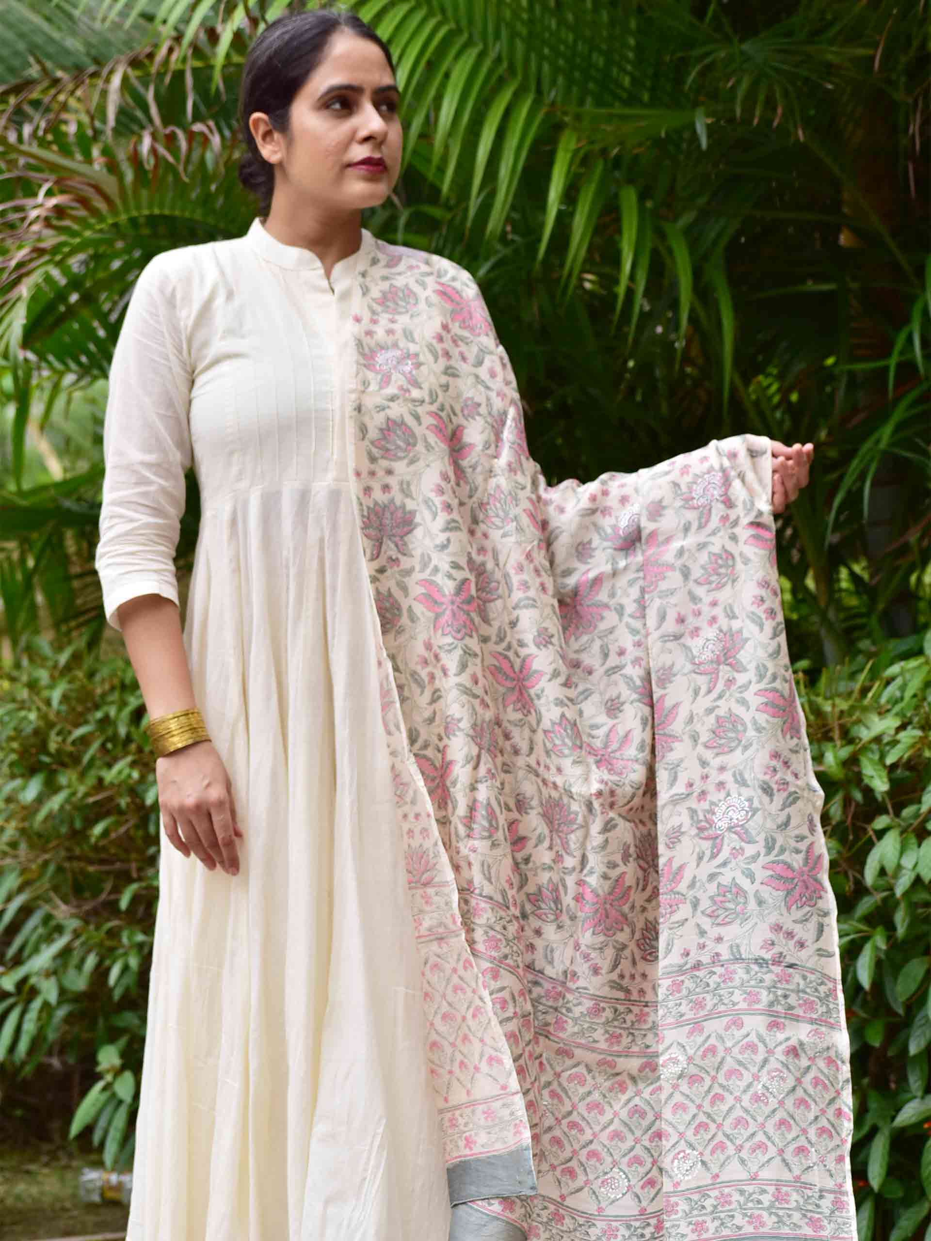 White Floral Dabu Chanderi Silk Dupatta