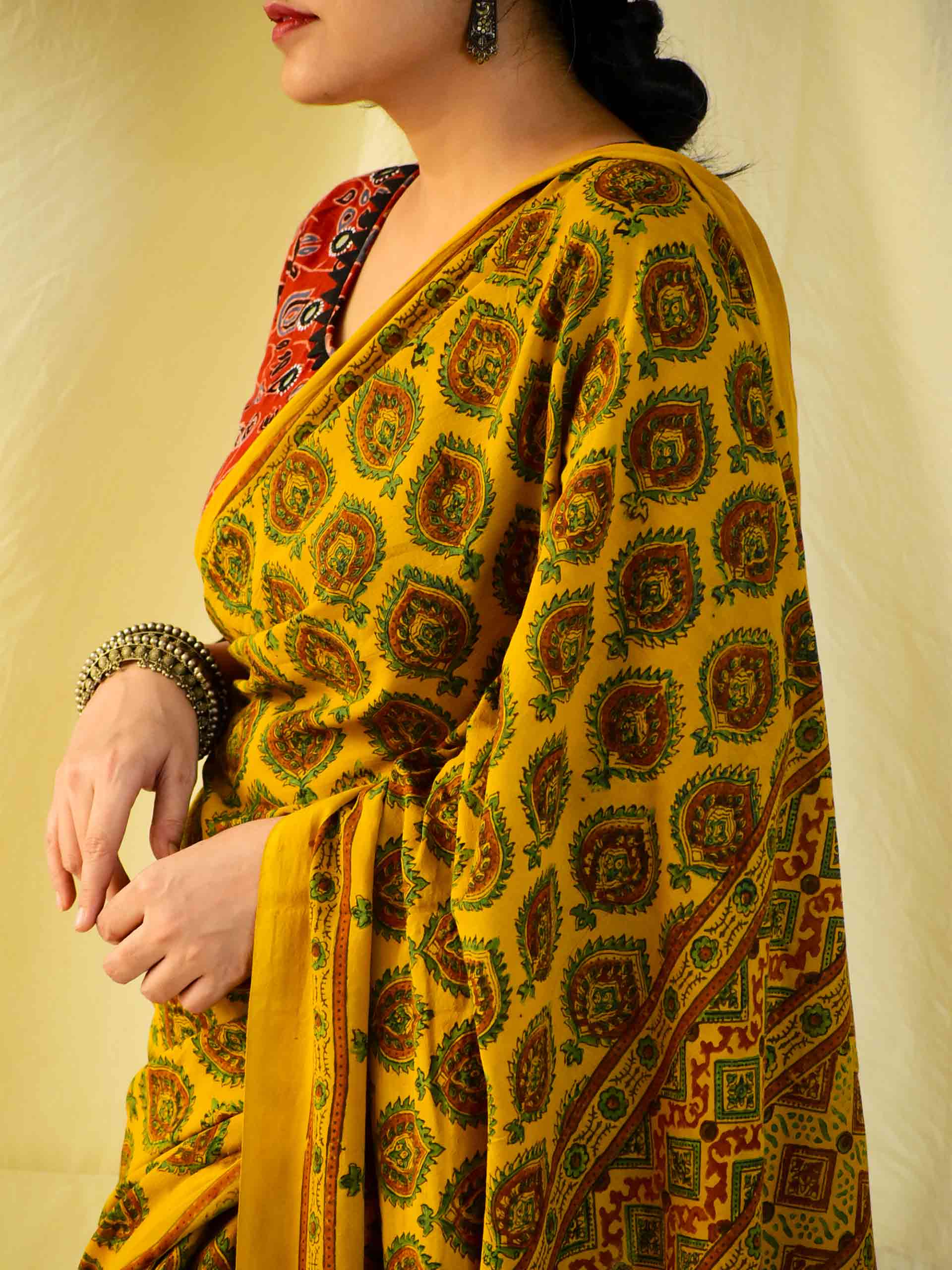 Ajrakh hand block printed mul cotton saree