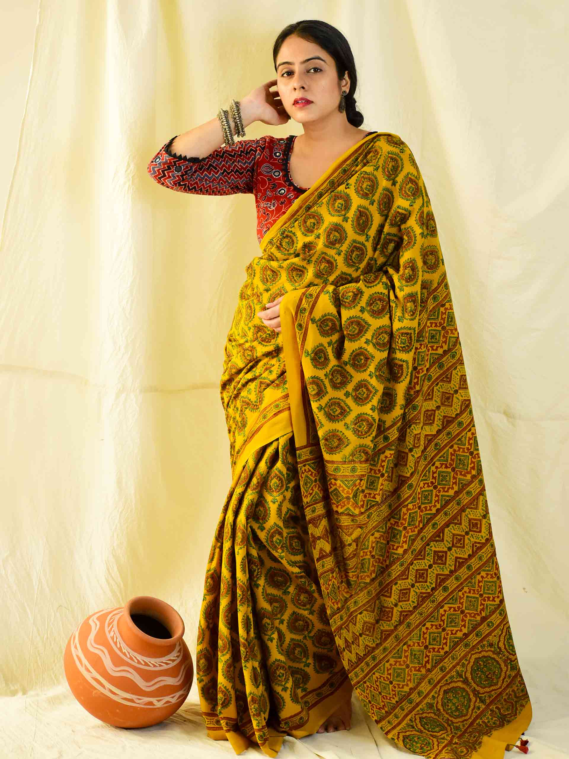 Ajrakh hand block printed mul cotton saree