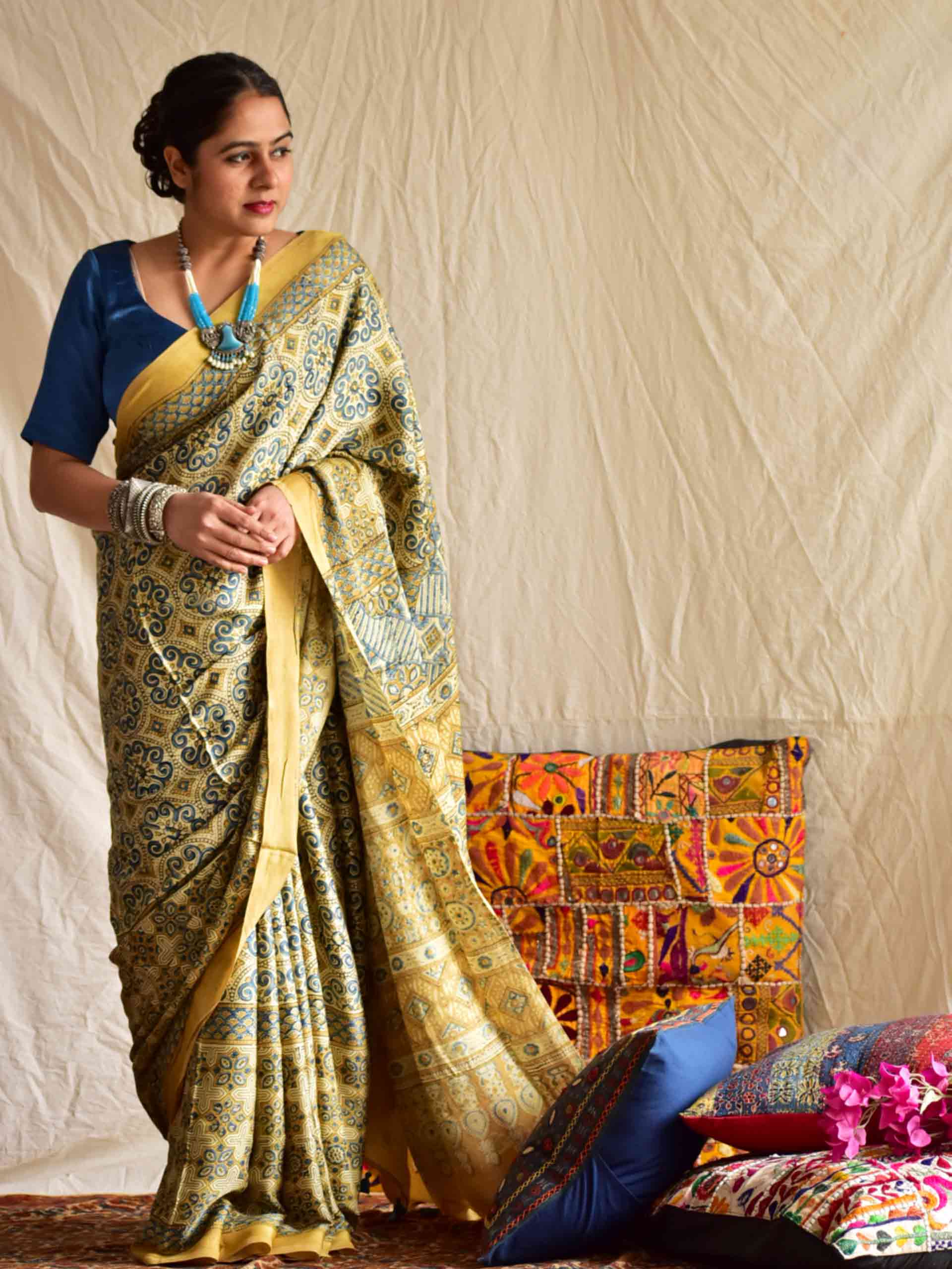 Lime and lemon - Ajrakh hand block printed Modal Silk Saree
