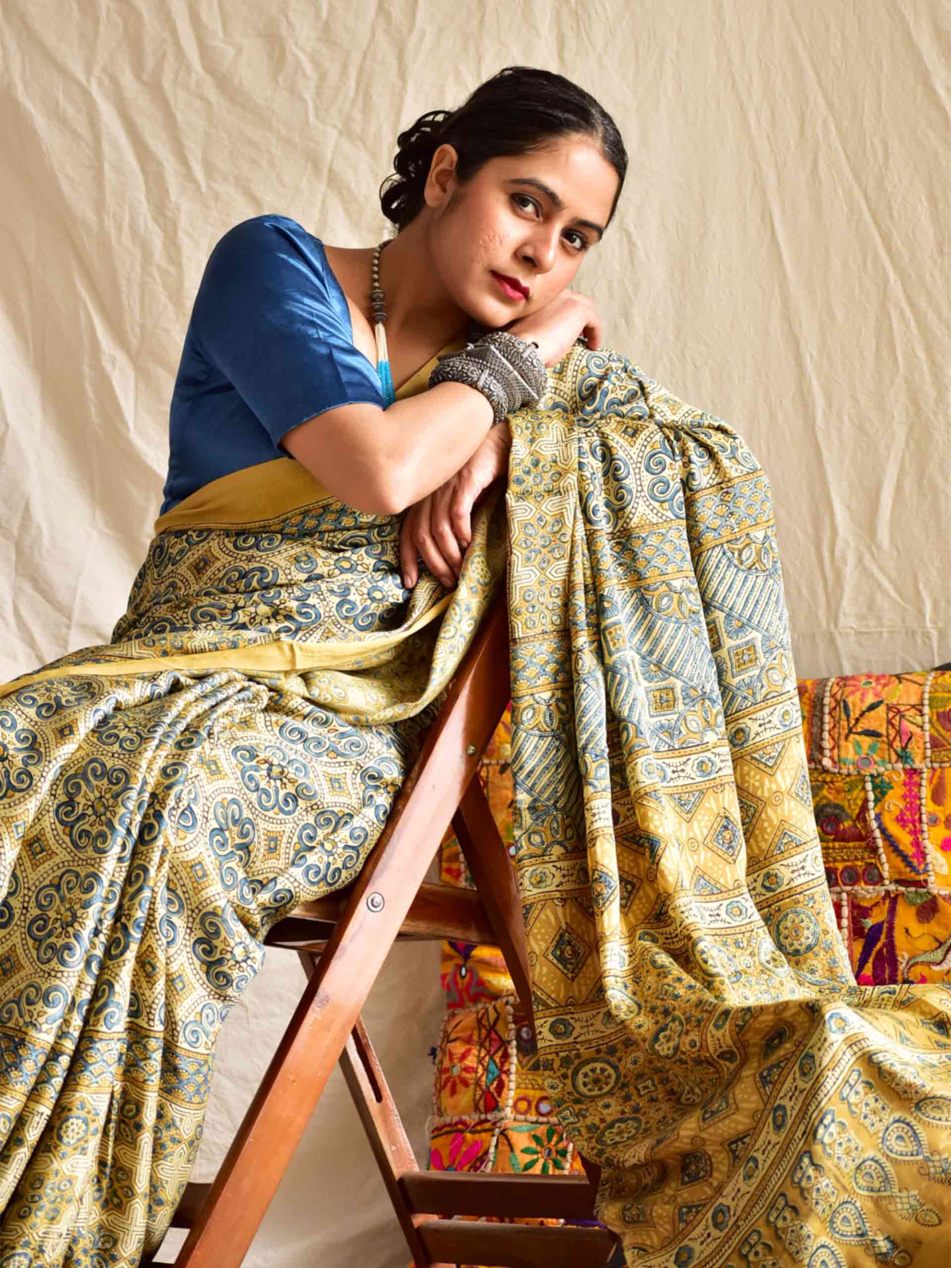 Lime and lemon - Ajrakh hand block printed Modal Silk Saree