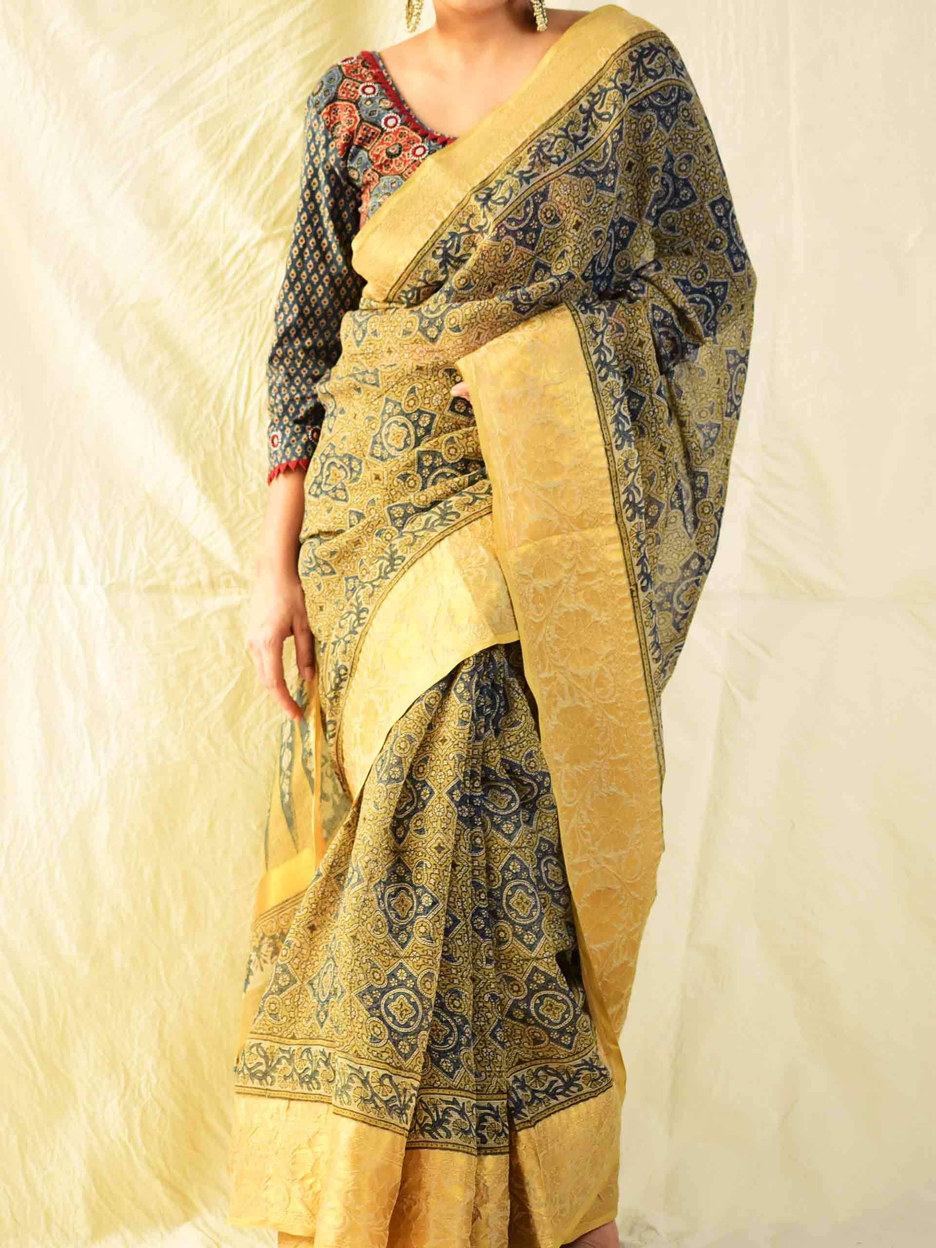 Janam Ajrakh handloom Kota Doria saree with zari border
