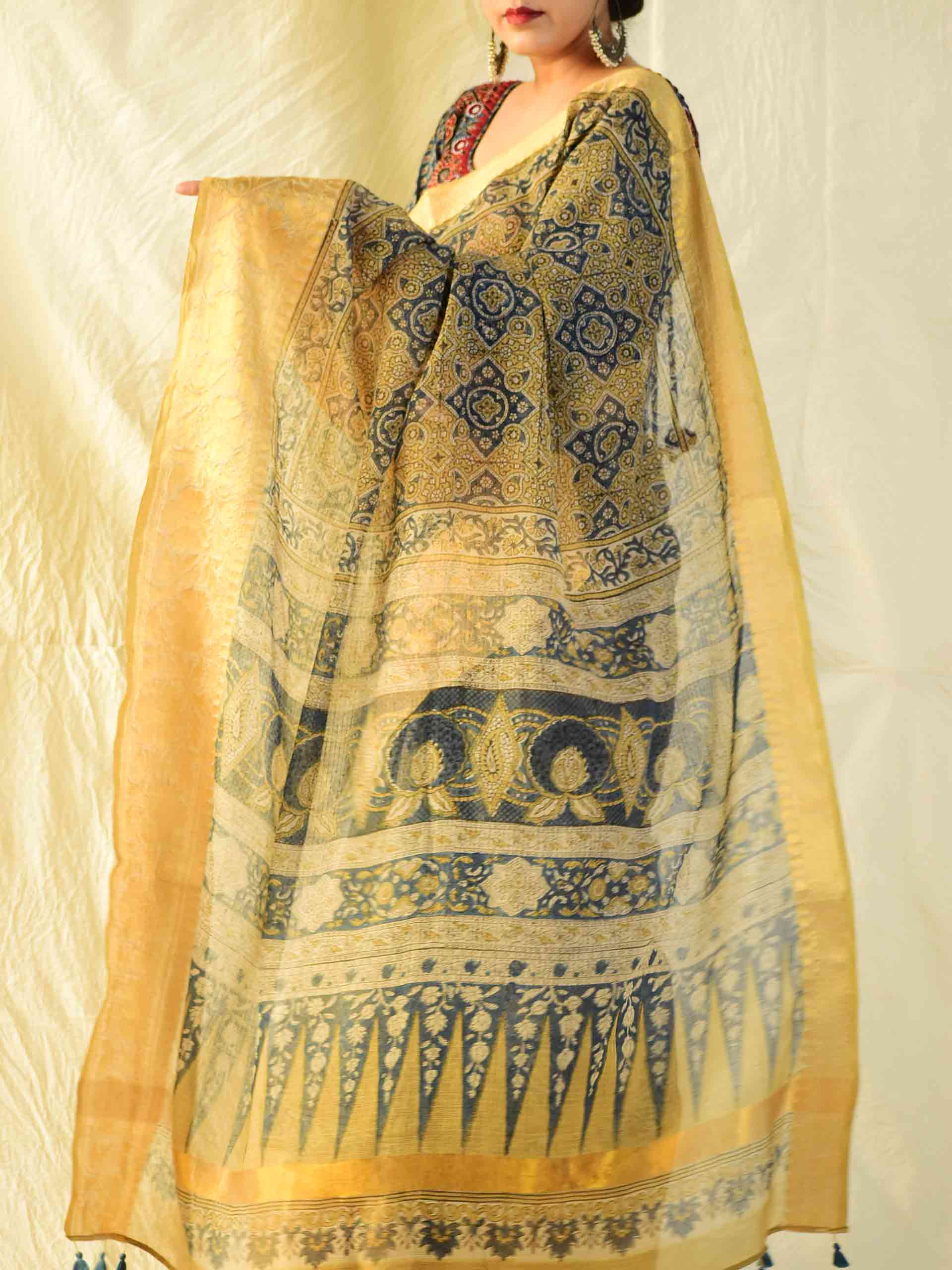 Janam Ajrakh handloom Kota Doria saree with zari border