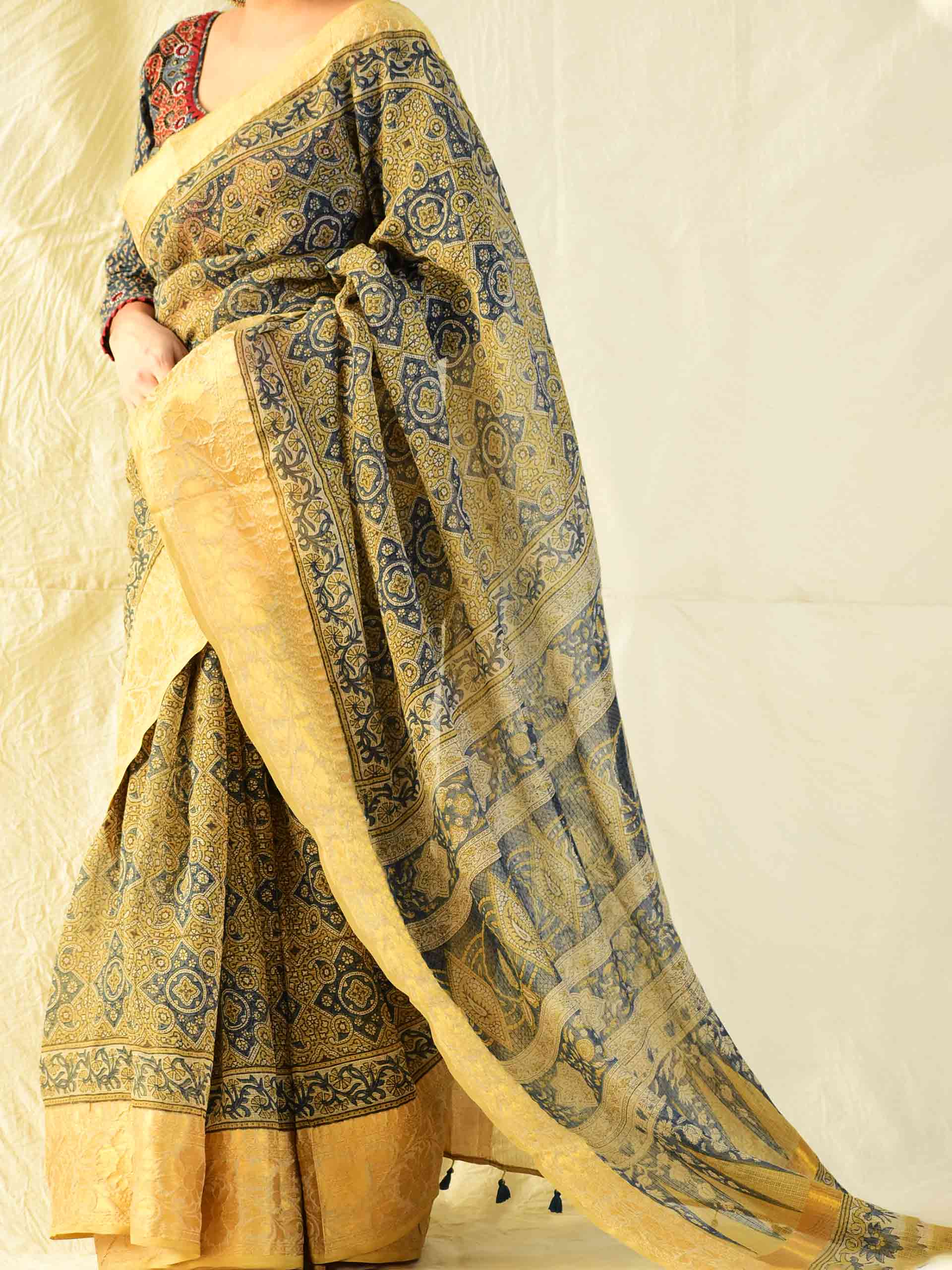 Janam Ajrakh handloom Kota Doria saree with zari border